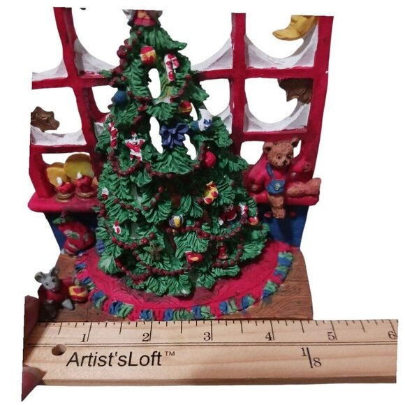 VINTAGE NEW 1995 CHRISTMAS TREE SCENE BEARS BUNNIES ANGEL  Christmas Candle holder Vtg 1995 Resin Decoration With Tree Teddy Bear & Angel